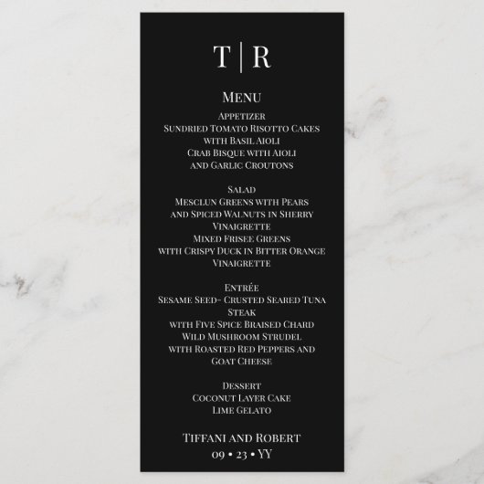 Elegant minimalistisch zwart-withuwelijk menu (Voorkant)