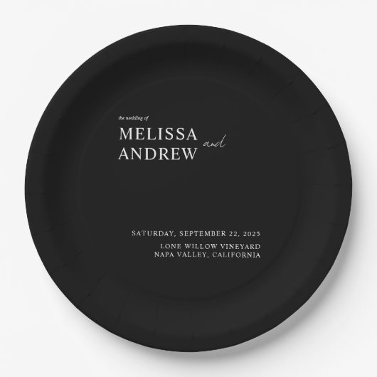 Elegant minimalistisch zwart-withuwelijk papieren bordje (Voorkant)