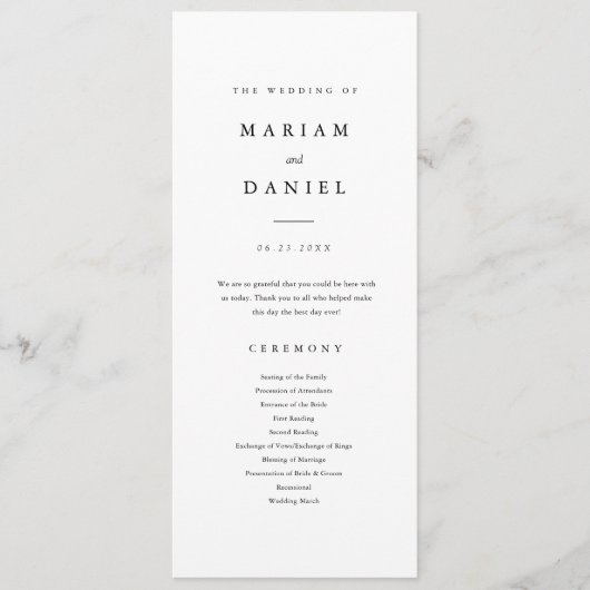 Elegant minimalistisch zwart-withuwelijk programmakaart (Voorkant)