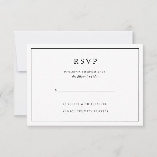 Elegant minimalistisch zwart-withuwelijk RSVP kaartje (Voorkant)