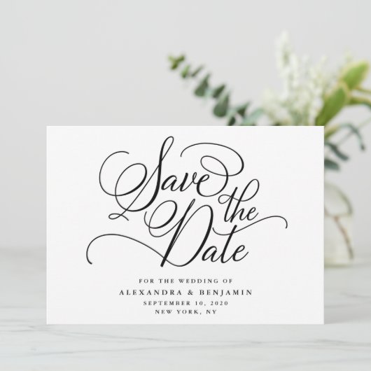 Elegant minimalistisch zwart-withuwelijk save the date (Staand voorkant)