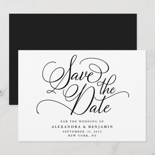 Elegant minimalistisch zwart-withuwelijk save the date (Voorkant / Achterkant)