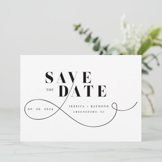 Elegant minimalistisch zwart-withuwelijk save the date (Staand voorkant)