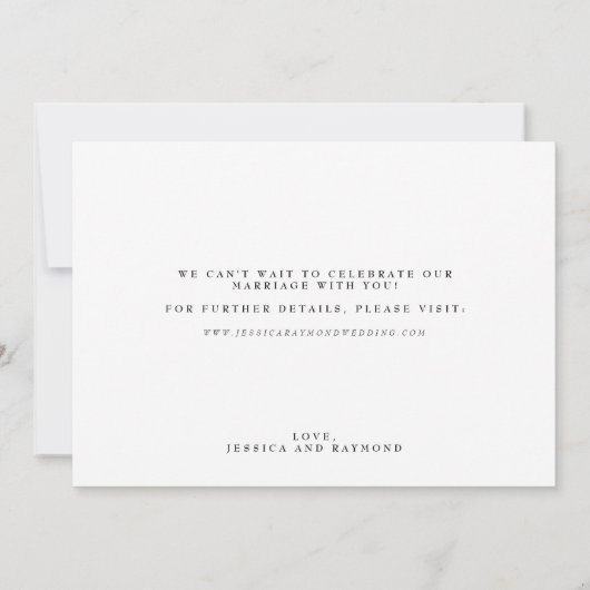 Elegant minimalistisch zwart-withuwelijk save the date (Achterkant)