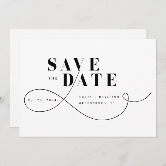 Elegant minimalistisch zwart-withuwelijk save the date (Voorkant / Achterkant)