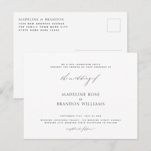 Elegant minimalistisch zwart-withuwelijk uitnodiging briefkaart (Voorkant / Achterkant)