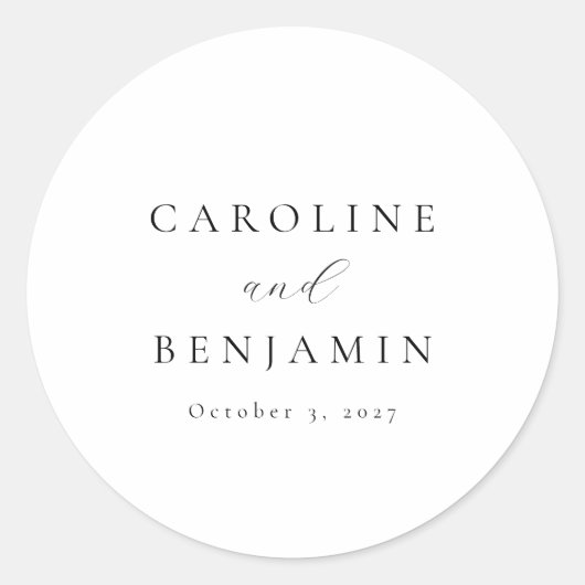 Elegant minimalistisch zwart-witkalligrafie bruilo ronde sticker (Voorkant)