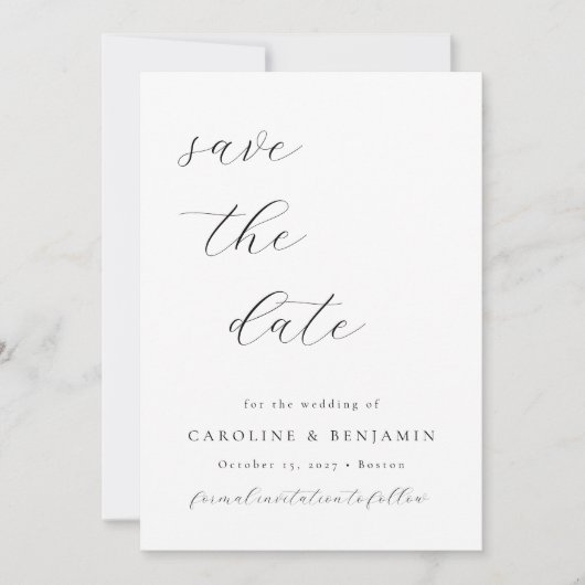 Elegant minimalistisch zwart-witkalligrafie bruilo save the date (Voorkant)