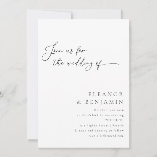 Elegant minimalistisch zwart-witscript huwelijk kaart (Voorkant)