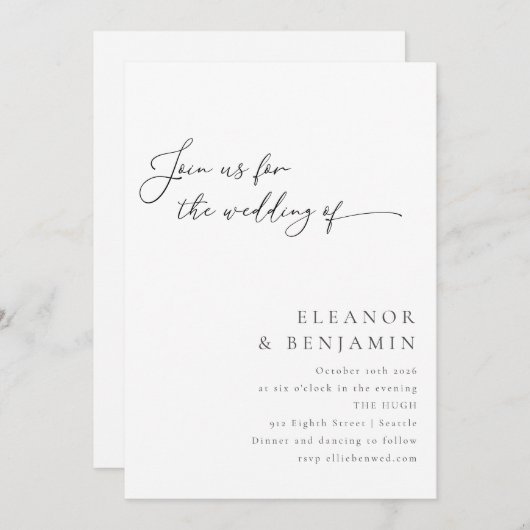 Elegant minimalistisch zwart-witscript huwelijk kaart (Voorkant / Achterkant)
