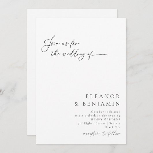 Elegant minimalistisch zwart witscript huwelijk kaart (Voorkant / Achterkant)