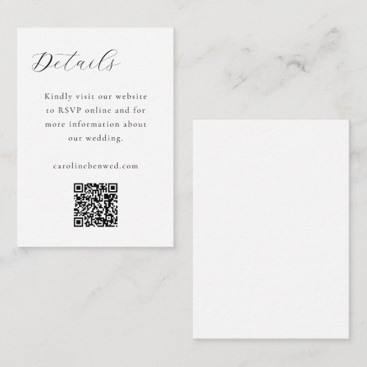 Elegant minimalistisch zwart witscript QR Weddensc Informatiekaartje (Voorkant / Achterkant)