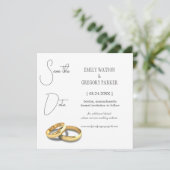 Elegant minimalistische foto van goudring save the date (Staand voorkant)