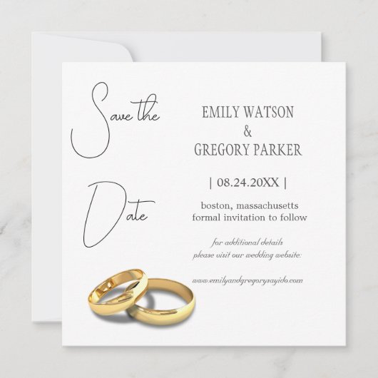 Elegant minimalistische foto van goudring save the date (Voorkant)