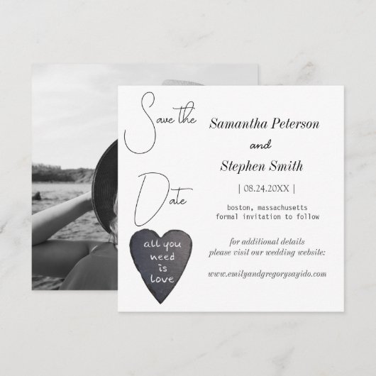 Elegant minimalistische foto van het zwarte hart, save the date (Voorkant / Achterkant)