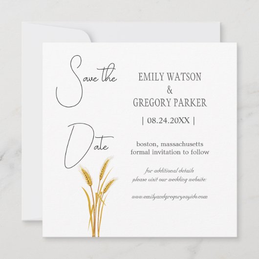 Elegant minimalistische foto van tarwevelden save the date (Voorkant)