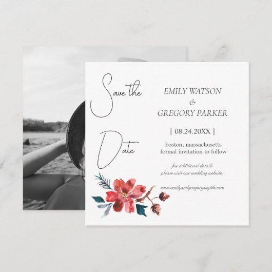 Elegant minimalistische foto van waterverf bloem save the date (Voorkant / Achterkant)