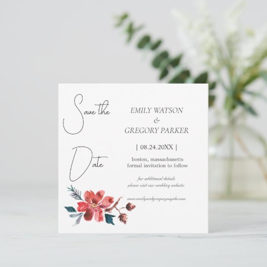 Elegant minimalistische foto van waterverf bloem save the date (Staand voorkant)