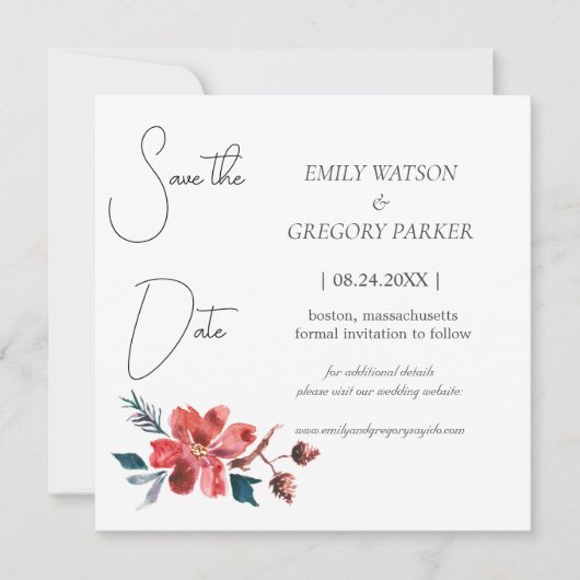 Elegant minimalistische foto van waterverf bloem save the date (Voorkant)