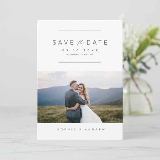 Elegant minimalistische fotobruiloft bespaart datu save the date (Staand voorkant)
