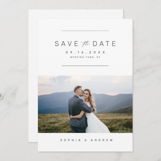 Elegant minimalistische fotobruiloft bespaart datu save the date (Voorkant / Achterkant)