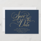 Elegant minimalistische marine en goudweddenschapp save the date (Voorkant)