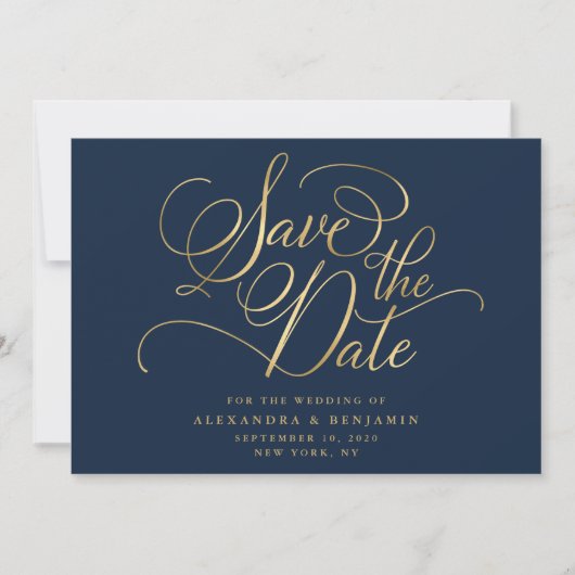Elegant minimalistische marine en goudweddenschapp save the date (Voorkant)