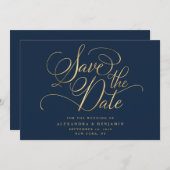Elegant minimalistische marine en goudweddenschapp save the date (Voorkant / Achterkant)