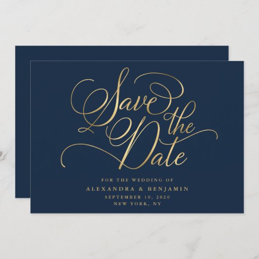 Elegant minimalistische marine en goudweddenschapp save the date (Voorkant / Achterkant)