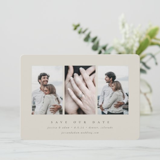 Elegant minimum 3 foto save the date (Staand voorkant)
