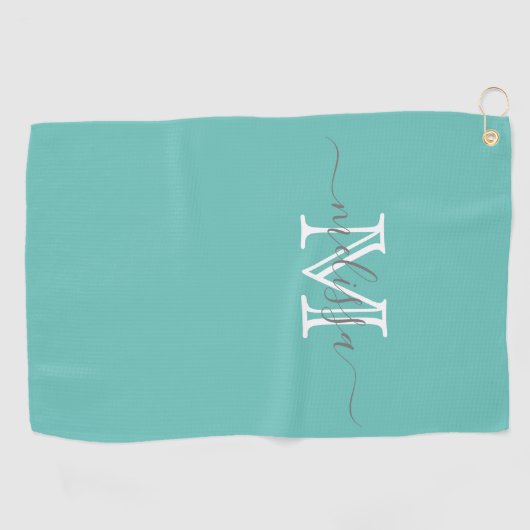 Elegant Minimumnaam en Monogram Blauwgroen Golfhan Golfhanddoek (Horizontaal)
