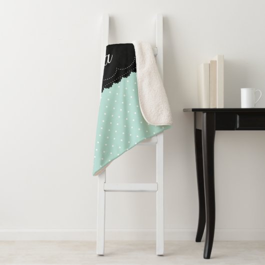 Elegant Mint Blue Polka Dot Black Lace Aangepaste  Sherpa Deken (In situ)