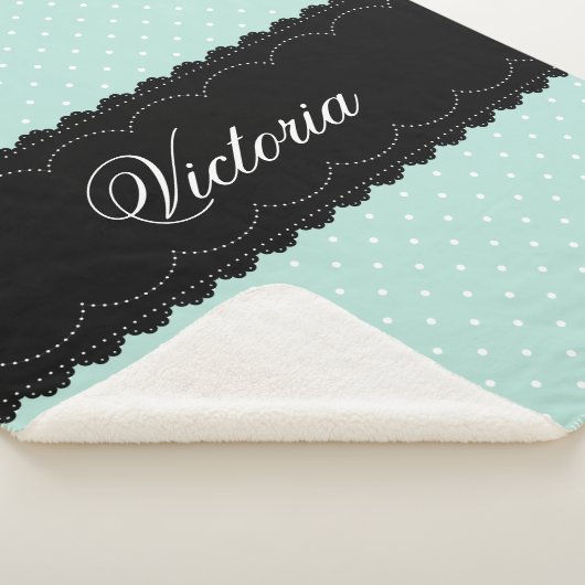 Elegant Mint Blue Polka Dot Black Lace Aangepaste  Sherpa Deken (3/4)