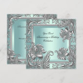 Elegant Mint Blue Silver Floral Party Kaart (Voorkant / Achterkant)