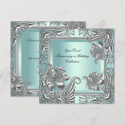 Elegant Mint Blue Silver Floral Party Kaart (Voorkant / Achterkant)