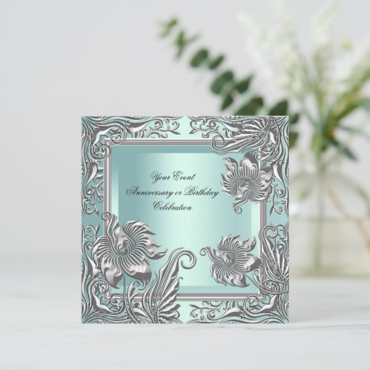 Elegant Mint Blue Silver Floral Party Kaart (Staand voorkant)