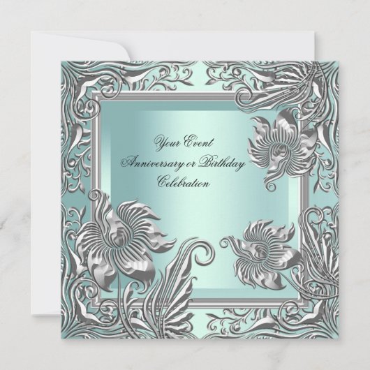 Elegant Mint Blue Silver Floral Party Kaart (Voorkant)
