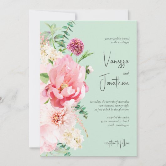 Elegant Mint & Blush Pink Floral Chic Invitation Kaart (Voorkant)