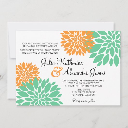 Elegant Mint en Oranje Floral Burst Wedding Kaart (Voorkant)