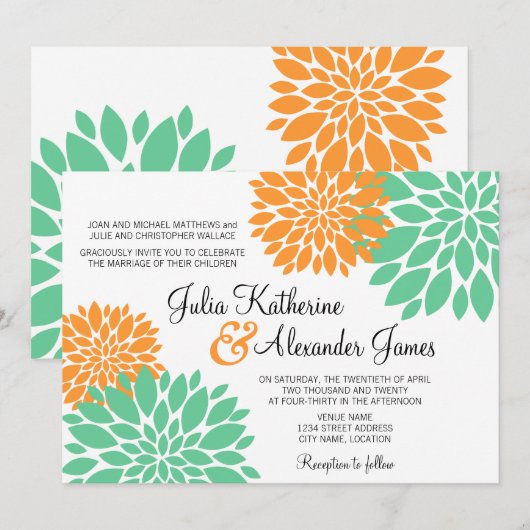 Elegant Mint en Oranje Floral Burst Wedding Kaart (Voorkant / Achterkant)