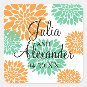 Elegant Mint en Oranje Floral Burst Wedding Vierkante Sticker