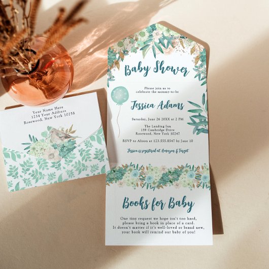 Elegant Mint Floral Baby shower All In One Uitnodiging