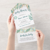 Elegant Mint Floral Baby shower All In One Uitnodiging (Afscheurbaar)