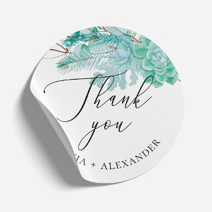 Elegant mint floral succulents bruiloft bedankt je ronde sticker