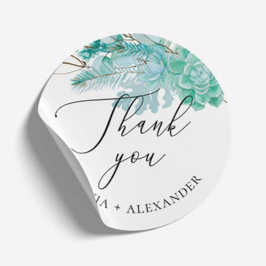 Elegant mint floral succulents bruiloft bedankt je ronde sticker