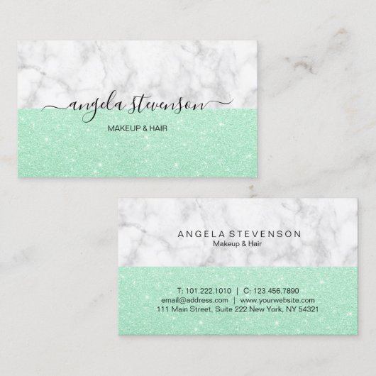 Elegant mint glitter white marble makeuken and hai visitekaartje (Voorkant / Achterkant)