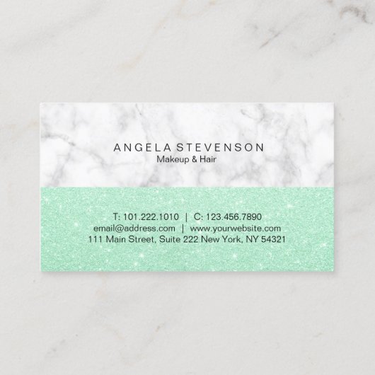 Elegant mint glitter white marble makeuken and hai visitekaartje (Achterkant)