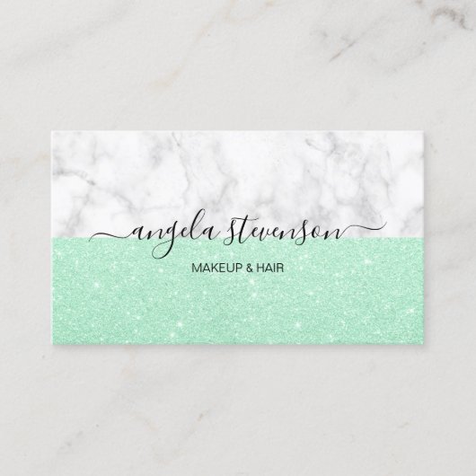 Elegant mint glitter white marble makeuken and hai visitekaartje (Voorkant)