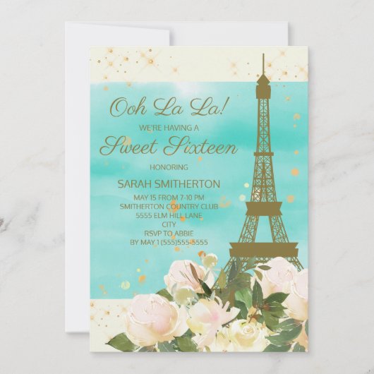 Elegant Mint Gold Eiffel Tower Paris Sweet 16 Kaart (Voorkant)