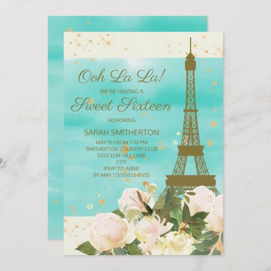Elegant Mint Gold Eiffel Tower Paris Sweet 16 Kaart (Voorkant / Achterkant)